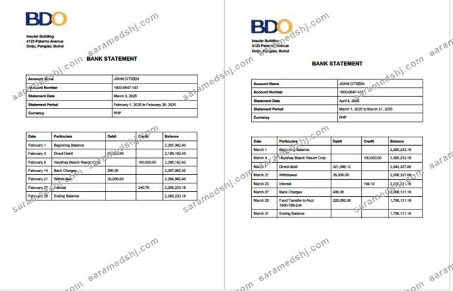 Philippines BDO Bank account statement Word and PDF template, 2 pages
